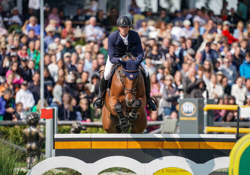 Ben Maher (GBR) riding Dallas Vegas Batilly during the Brussels Stephex Masters on August 27, 2023 in Brussels, Belgium. (Photo by Pierre Costabadie/Icon Sport)